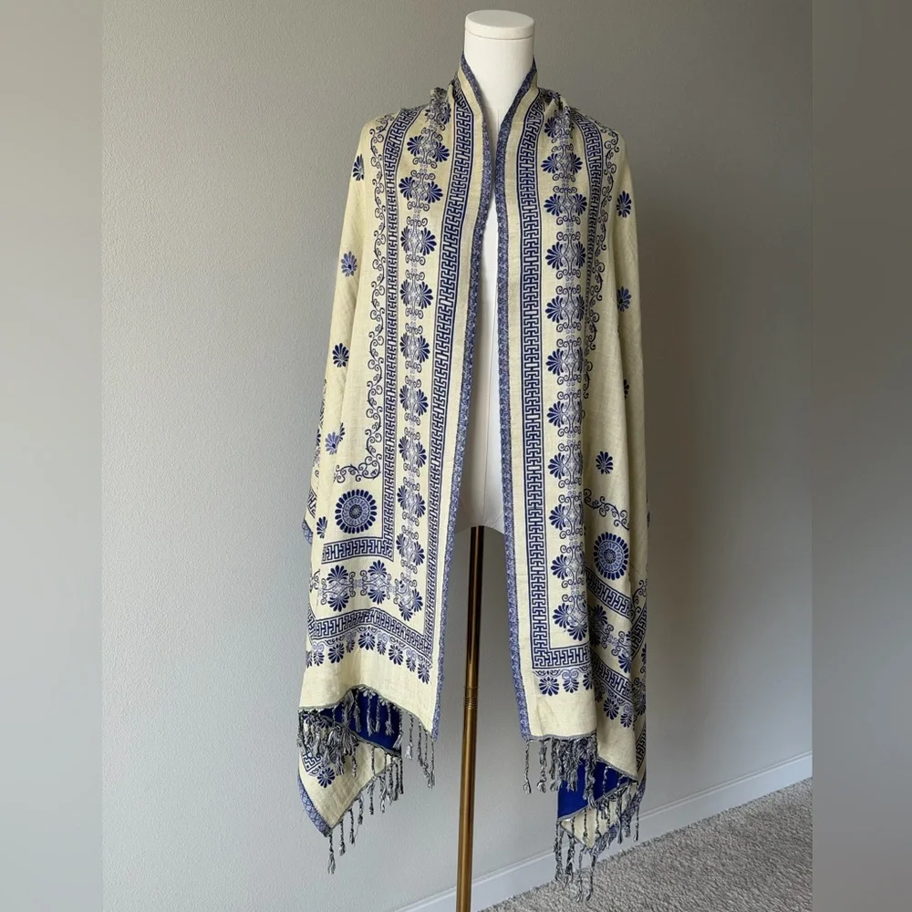 Reversible Mamta Sapphire Blue and Ivory Floral Shawl Scarf with Rhinestones .